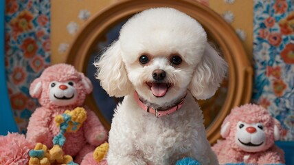 A cheerful white poodle poses among plush toys in a colorful and cheerful indoor setting decorated with flowers