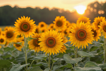 Fototapeta premium Vibrant sunflowers basking in the sunset glow on a summer evening