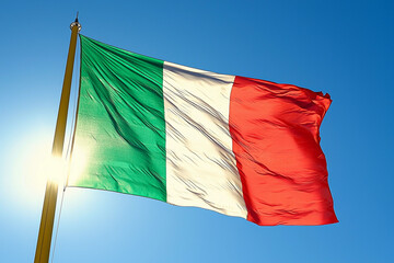 Italian flag waving under a clear blue sky during a sunny day