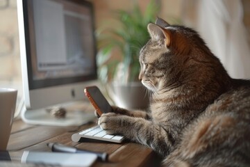 A cat sits in an office and stares at a smartphone screen
