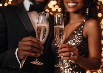Young couple in evening attire toasting with champagne