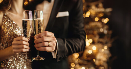 A couple close up in evening attire celebrating with champagne with a festive background and room for text. 