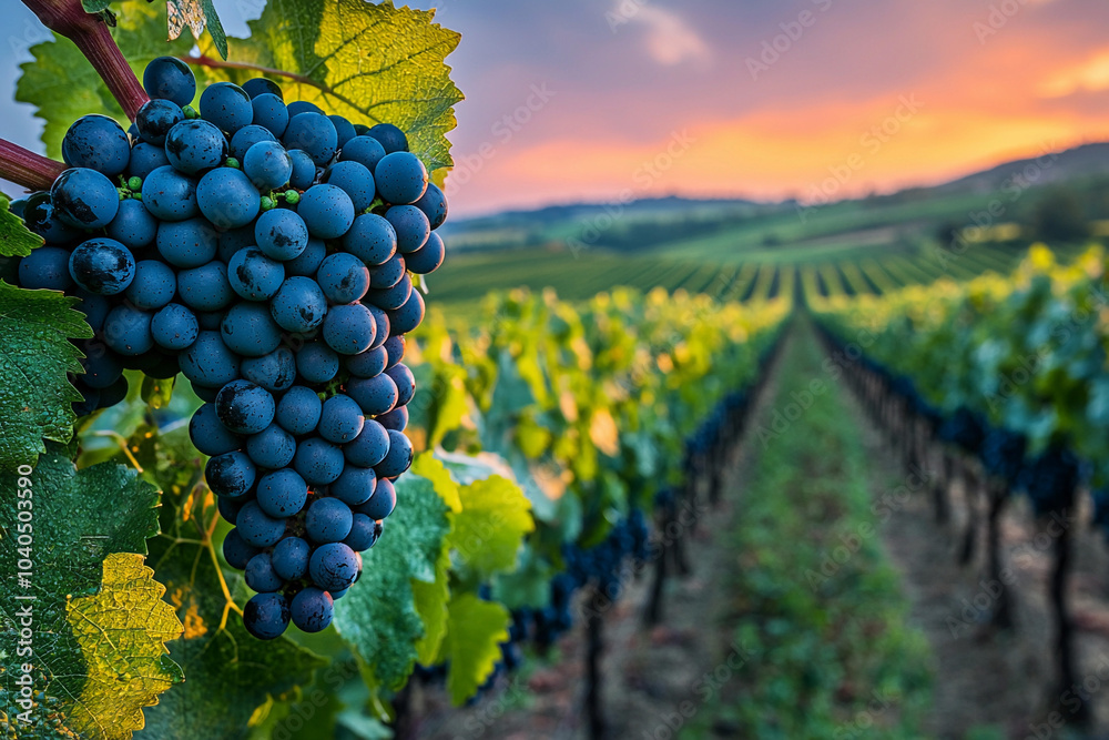 Fototapete Sunset over vineyards with ripe grapes under a colorful sky