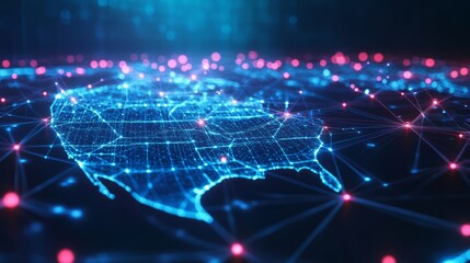 Fototapeta premium A 3D USA map, covered in glowing mesh lines and connected nodes, floating on a vibrant blue tech background --ar 16:9 --v 6.1 Job ID: 7f667ddf-534e-4680-8e20-6d7c62be4627