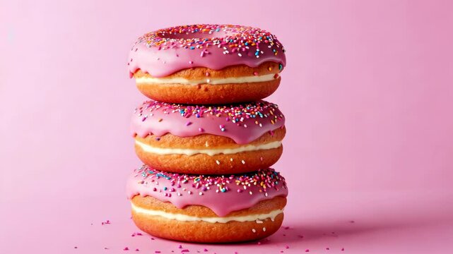Three pink donuts with sprinkles are stacked on a pink background