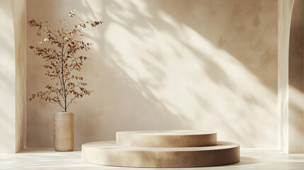 Create a 3D podium with a brown creamy finish, showcasing a modern and minimalist aesthetic.