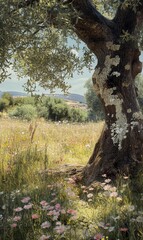 Obraz premium A large tree with white flowers in a field.