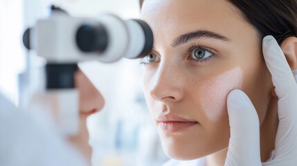 A dermatologist analyzing a patient’s skin condition with a dermatoscope in a clinical setting, with skin care products and patient information visible, Analytical style