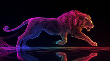 3D render art of a wild beast, depicting a lion in mid-run attack motion, designed with a wire mesh structure and illuminated by neon glowing laser light lines in a rainbow gradient, set against a bla