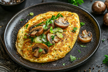 Omelet with mushroom and spring onion on a plate.