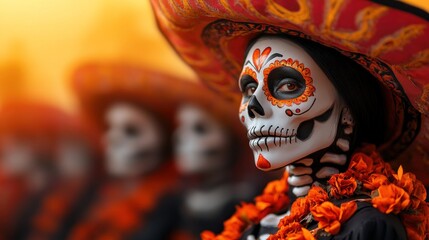 Colorful masks and skeleton costumes during a Day of the Dead parade, highlighting the vibrant Mexican holiday in early November