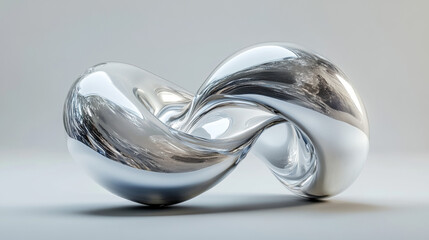 A 3D render of abstract art showcasing a surreal, organic ball with curved, wavy, and soft bio forms. The piece is made from matte aluminum with glass components and features a dispersion effect, all 