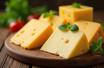wooden board with different hard types of sliced ​​cheese and green leaves on top