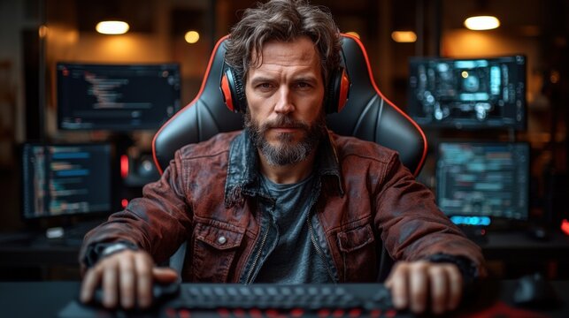 Software developer coding on multiple screens, utilizing cloud infrastructure for scalability and efficient workflow