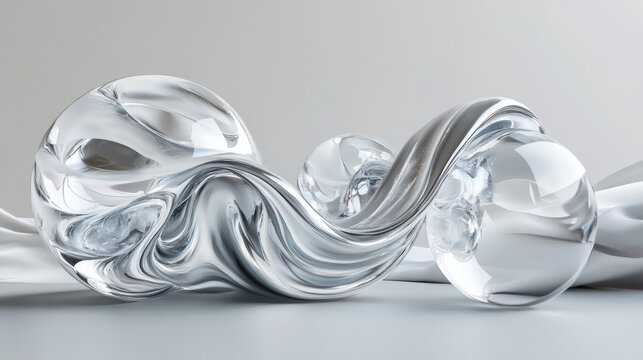 A 3D render of abstract art showcasing a surreal, organic ball with curved, wavy, and soft bio forms. The piece is made from matte aluminum with glass components and features a dispersion effect, all 