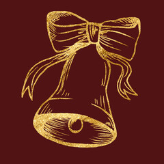 Freehand christmas gold bell sketch on red background. Golden scribble. Texture of writing materials. Handwritten christmases doodles and pencil strokes. 