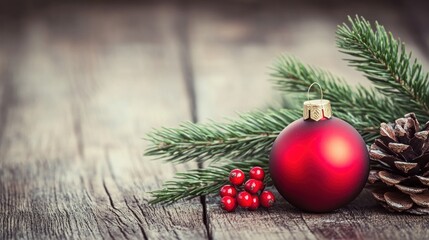 A vibrant red ornament sits beside pinecones and holly berries on a weathered wooden table, capturing the essence of the holiday spirit in a cozy setting