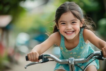 Obraz premium Joyful Girl Riding Bicycle Outdoors