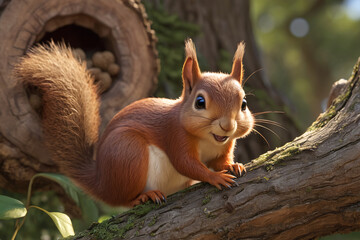 Obraz premium Cute red squirrel&nbsp;with nut on branch in forest