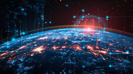 Fototapeta premium Earth with a network of digital lines showing global telecommunication and cryptocurrency