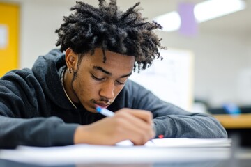 Fototapeta premium Focused Student Writing in Classroom