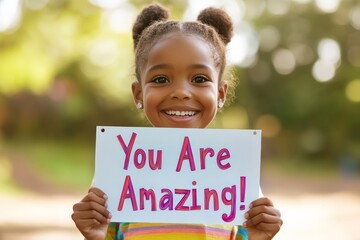 A joyful young girl stands outside with a handwritten sign that reads 'You Are Amazing!' in a sunny park, spreading positivity and delight to those around her.
