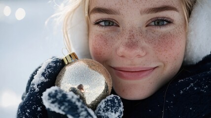 Naklejka premium Festive close-up of blonde woman with freckles wearing navy coat and white earmuffs, holding shiny ornament in gloved hands, set against a white snowy background. Christmas