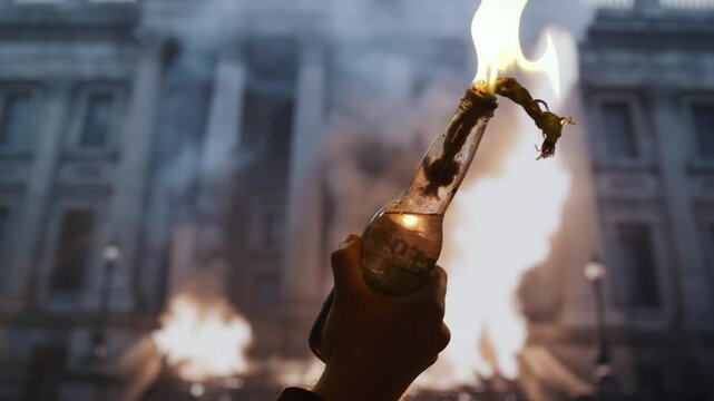 Flaming Molotov Cocktail Exploding Urban Protest Rebellion Street Demonstration Unrest