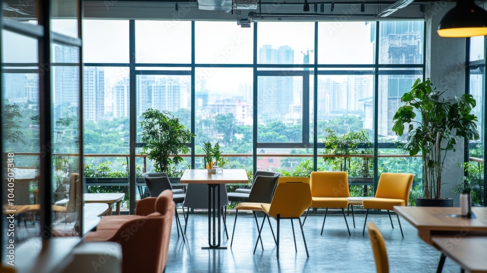 Poster a creative composition of a stylishly designed co-working space with ergonomic furniture and a large