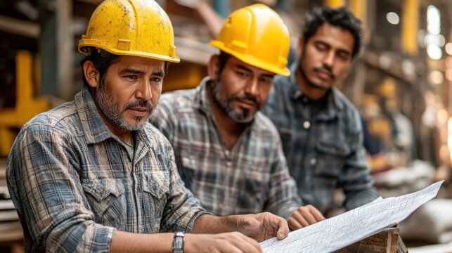 Migrant workers discussing work schedules with local colleagues, highlighting the importance of communication and cooperation in the workplace - Powered by Adobe