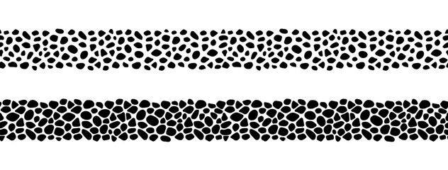 Pebble geometric seamless patterns vector. Irregular stones shapes repeat borders for web , science and interior designs. Black and white paving template. Street cobblestone endless texture.