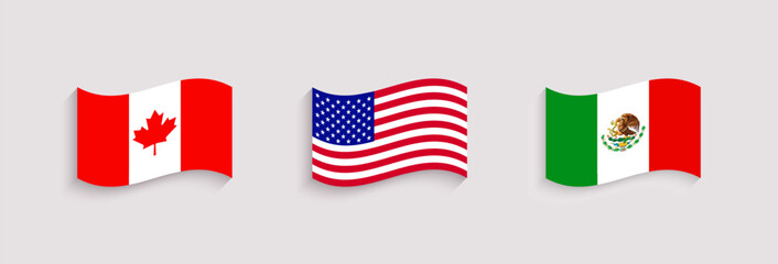 USA, Mexico and Canada flags vector illustration. The United States Of America, Mexican, Canadian traditional waved flags icons. North American countries official symbols set for travel designs