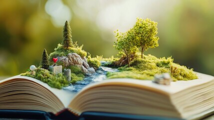A creative depiction of a book with a miniature world emerging from its pages, representing the boundless imagination and knowledge accessible through reading, Conceptual scene
