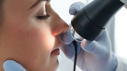 A dermatologist examining a patient's skin with a dermatoscope in a modern dermatology clinic, with skin examination tools and patient records visible, Clinical style