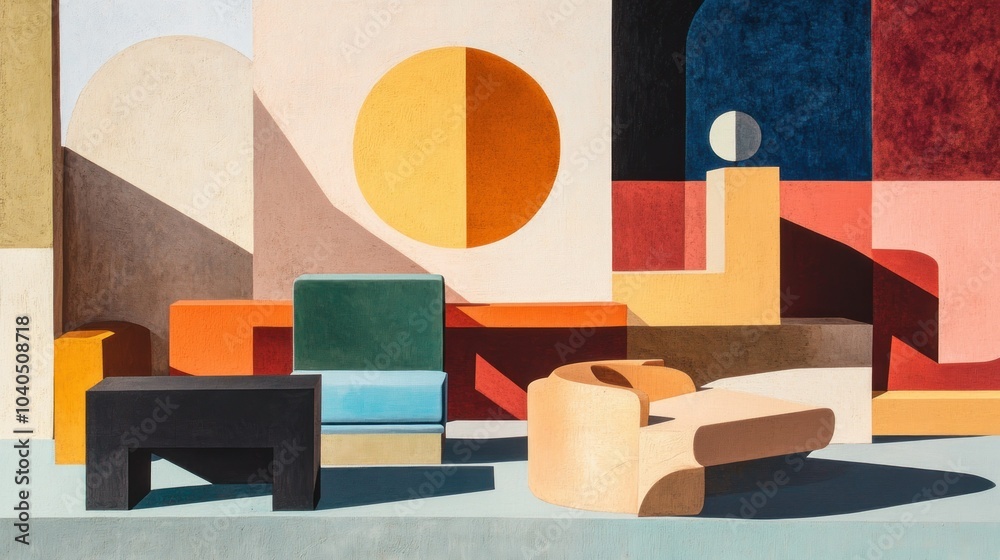 Poster abstract geometric composition with furniture and shadows