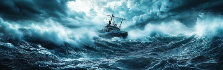 Obraz premium A small fishing boat battles towering waves during a stormy night at sea in tumultuous weather conditions