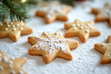 Homemade star shaped cookies with powdered sugar, snowy table. Closeup template for Christmas, New Year, bakery and holiday treats advertisement with space for text