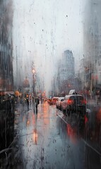 Rainy city street with cars and streetlights.