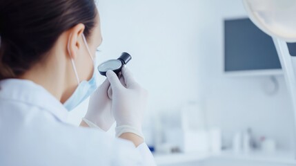 A dermatologist examining a patient’s skin with a dermatoscope in a clinical setting, with dermatological equipment and patient notes visible, Clinical style