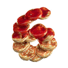 Pancake alphabet number 6 on a transparent background, 3D render.