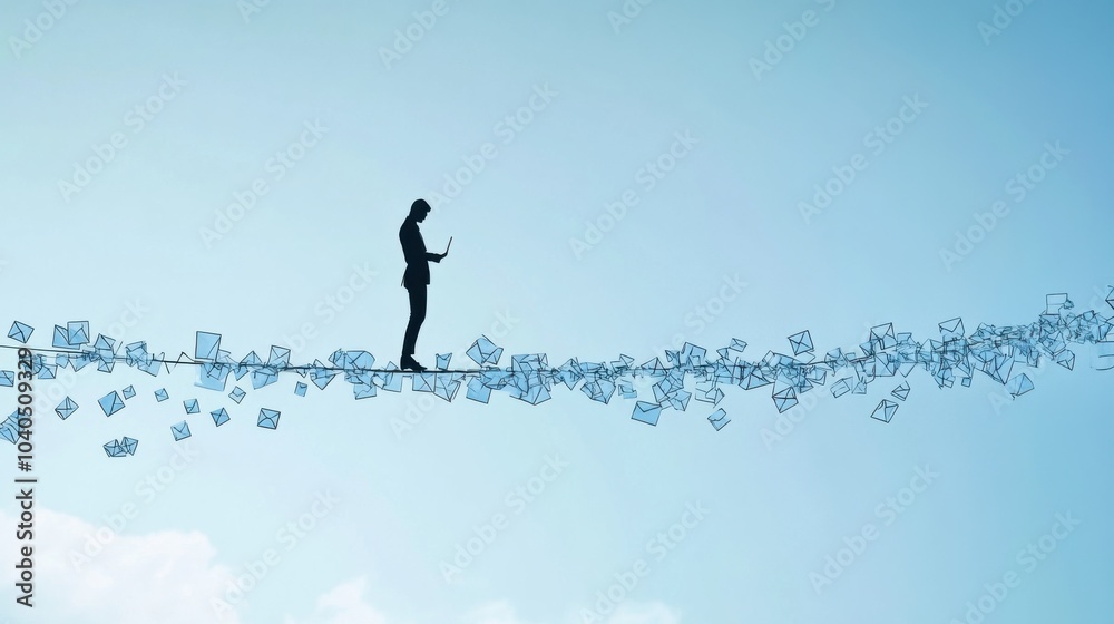 Poster A creative depiction of a person balancing on a beam made of emails and texts, symbolizing the balancing act required to manage digital communication in daily life, Abstract background