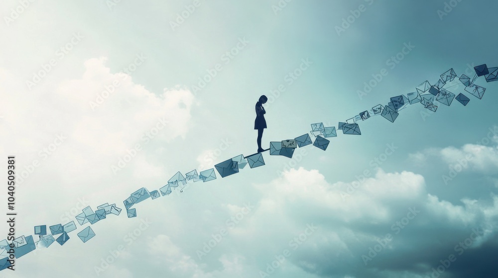 Aufkleber A creative depiction of a person balancing on a beam made of emails and texts, symbolizing the balancing act required to manage digital communication in daily life, Abstract background
