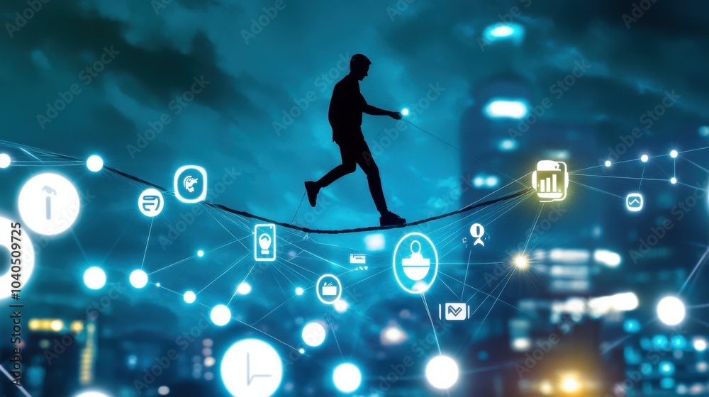 Poster a creative depiction of a person balancing on a tightrope made of digital social media feeds and app