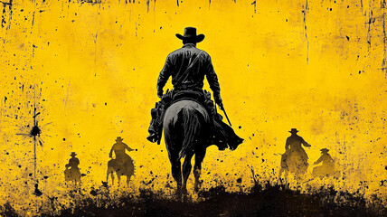 Illustration of a wild west graphic novel of a gunslinger outlaws on horseback
