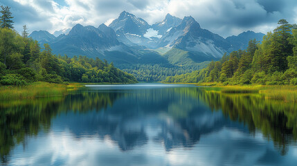 Serene lake reflects the majestic mountains and dense forests. The tranquil waters mirror the rugged peaks, while lush greenery lines its shore. A cloudy sky.