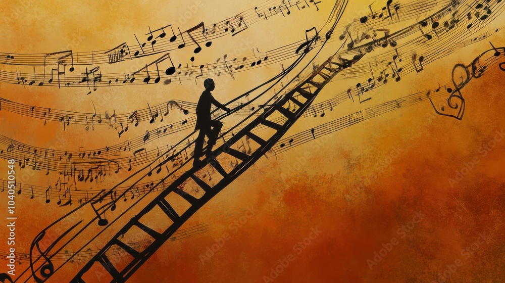 Poster A creative depiction of a person climbing a ladder made of books towards a cloud of floating emails, symbolizing the ascent through digital communication and knowledge, Office environment