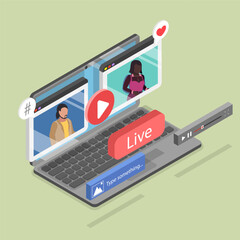 3D Isometric Flat Vector Illustration of Virtual Conference, Video Call, Chat Box