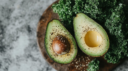 Fresh Avocado Halves with Kale & Seasoning on Rustic Wooden Board