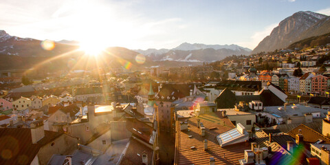 Winter sunset over Innsbruck city, Tyrol, Austria, January, urban seasonal outdoor view