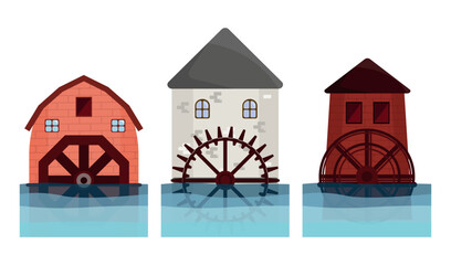 Set of ancient water mills in cartoon style. Vector illustration of an old stone water mill with windows, using water power, with spinning wheels isolated on white background. For grinding grain.